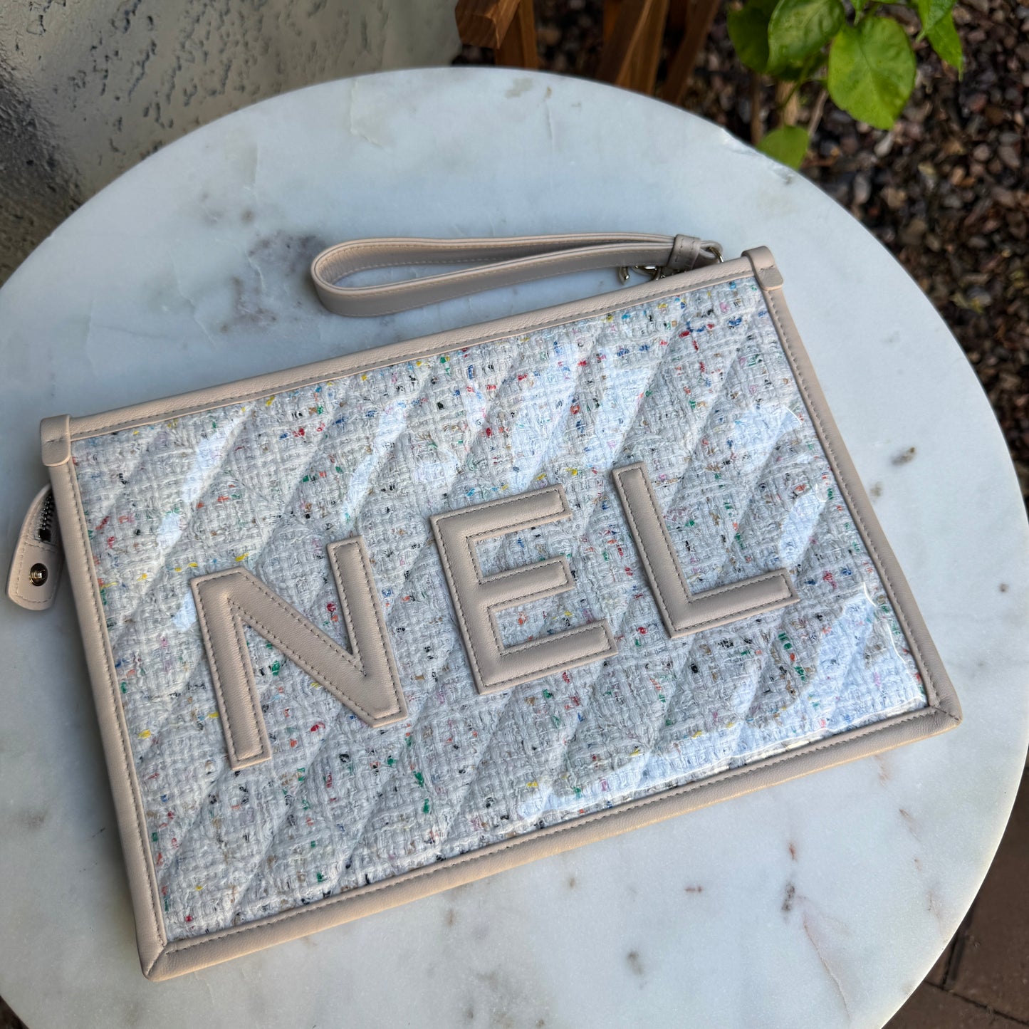Chanel Tweed PVC Large Wristlet Clutch
