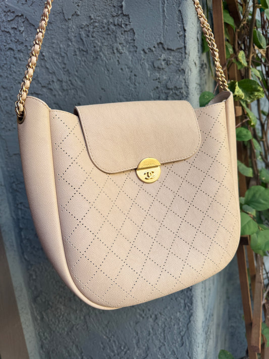 Chanel Moon Lock Perforated Diamond Caviar Leather Hobo
