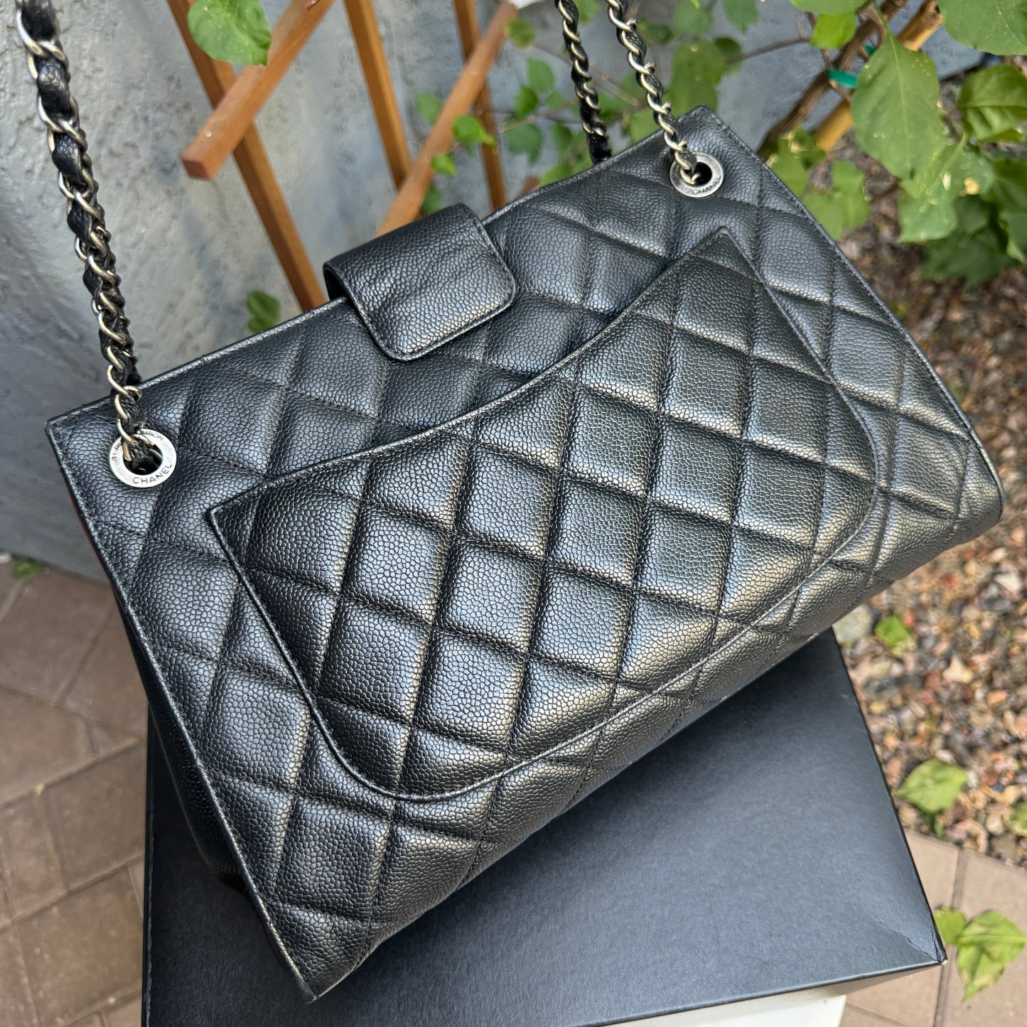 Chanel Diamond Quilted Caviar Leather Large Accordion Shopper Tote