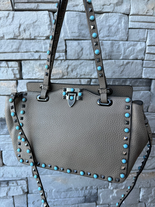 Valentino Garavani Rolling Turquoise Rockstud Tote