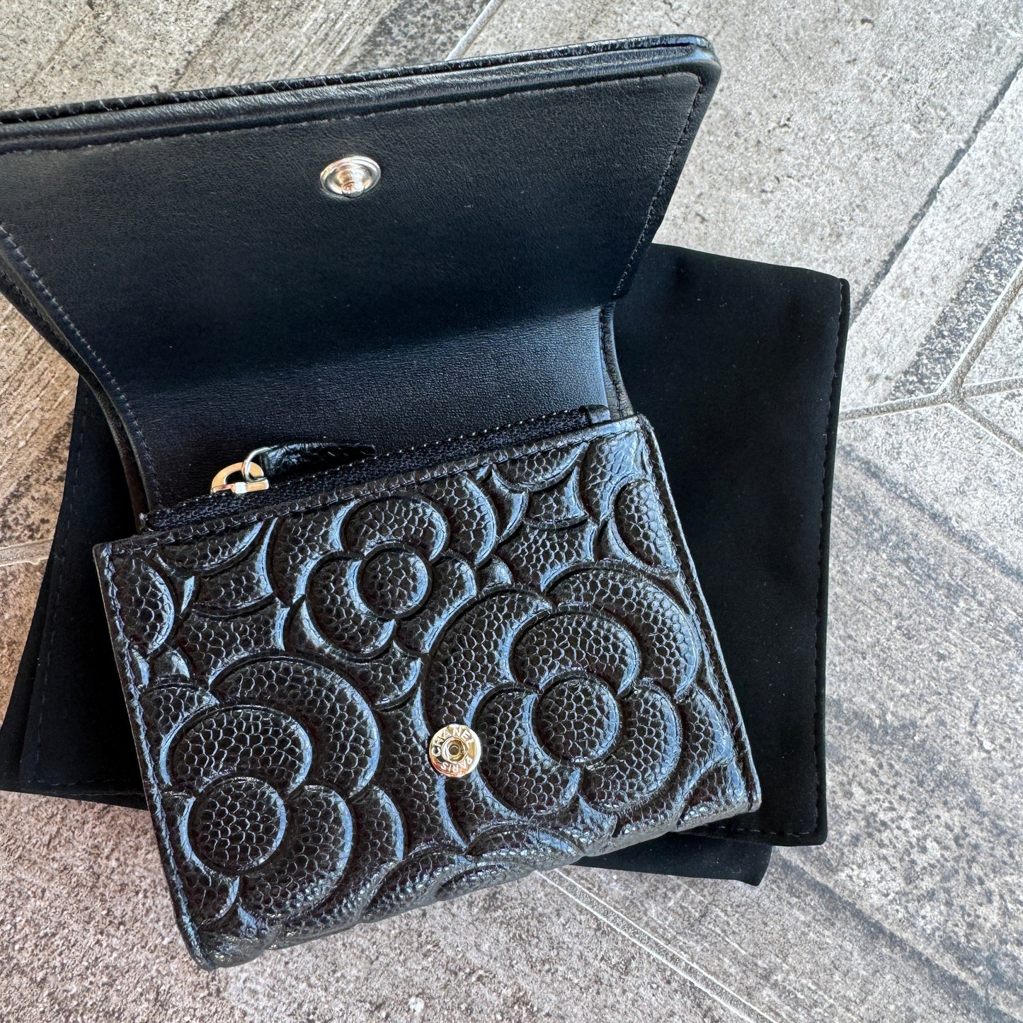 Chanel Camellia Caviar Leather Compact Wallet