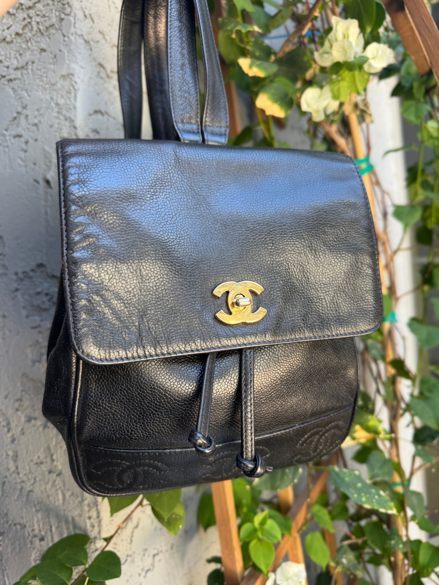 Chanel Vintage Triple Stitched CC Drawstring Flap Caviar Backpack