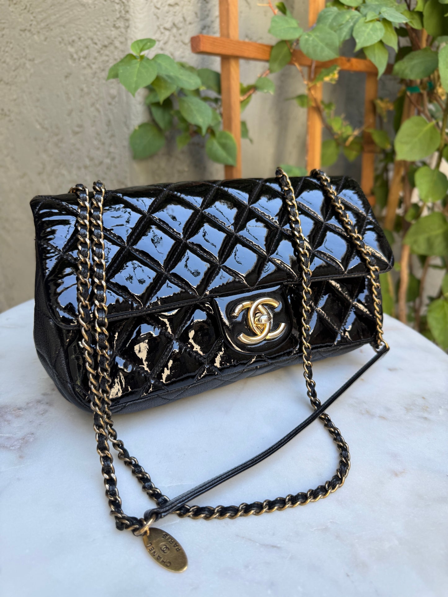 Chanel Quilted Patent Leather Medium Eyelet Single Flap Crossbody