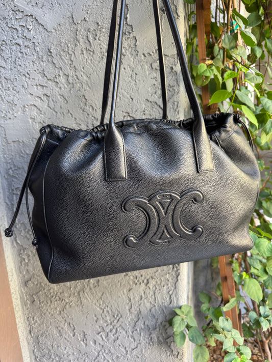 Celine Pebbled Calf Leather Cabas Drawstring Cuir Triomphe Tote