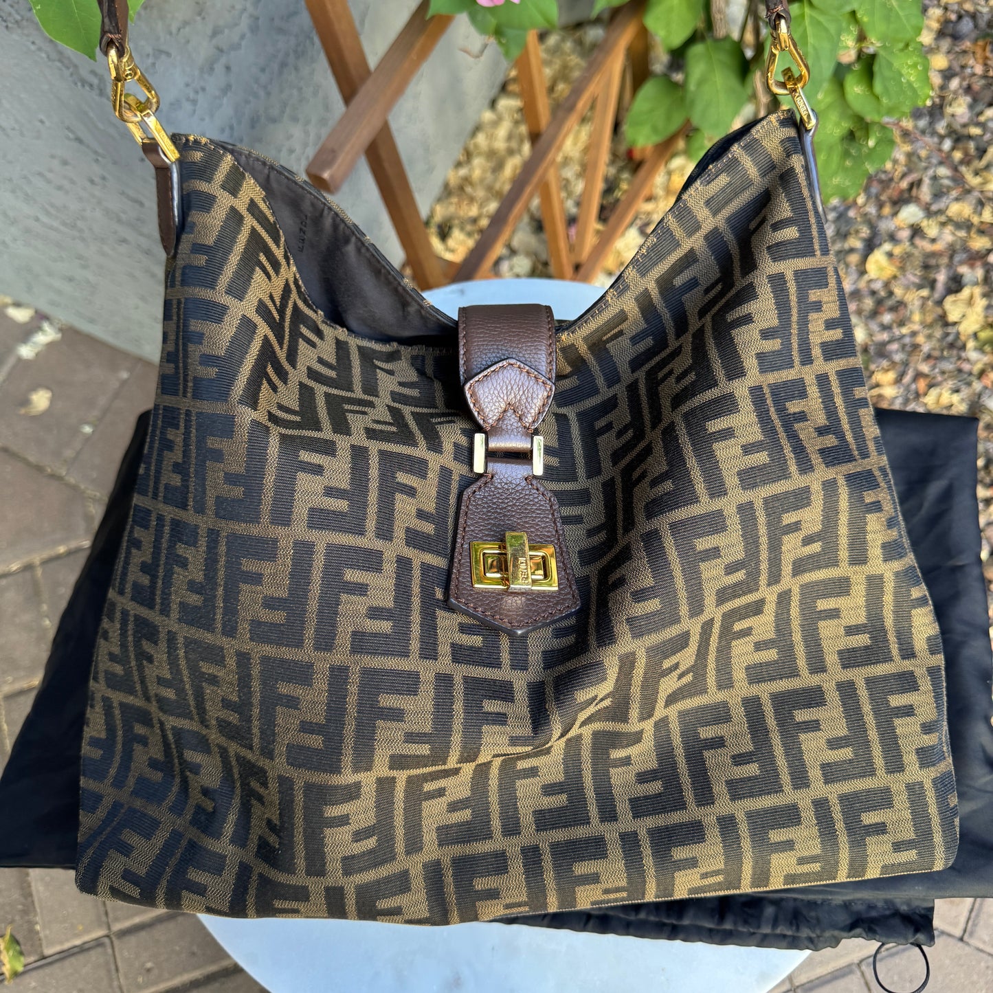 Fendi Turnlock Zucca Canvas Hobo Shoulder Bag