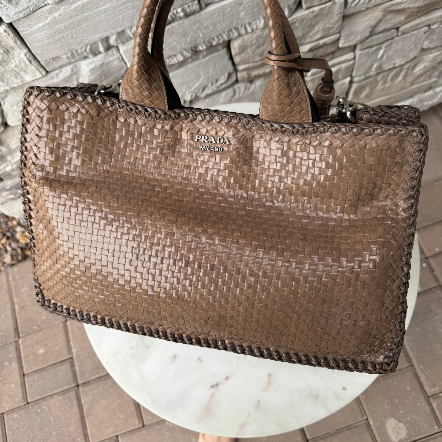 Prada Madras Woven Leather Tote