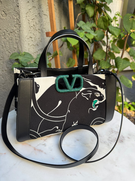 Valentino Garavani Canvas Panther Calfskin Crystal Small Vlogo Signature Tote