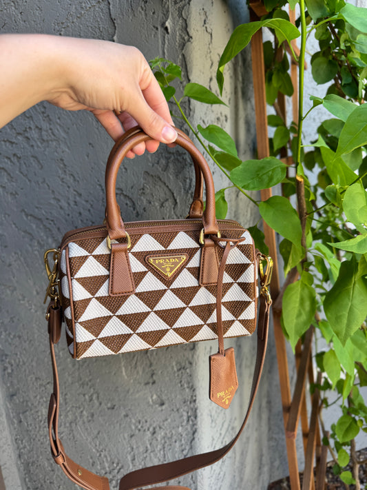 Prada Symbole Embroidered Fabric Top Handle Bag