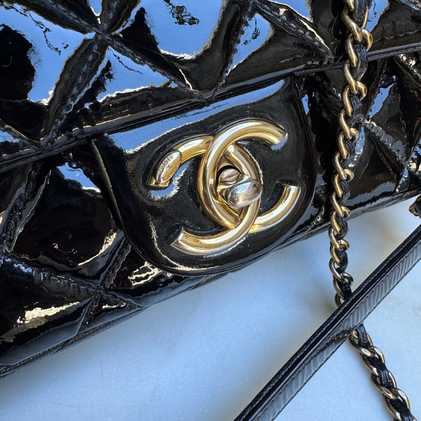 Chanel Quilted Patent Leather Medium Eyelet Single Flap Crossbody