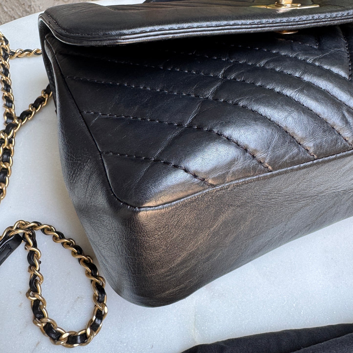 Chanel Calfskin Chevron Quilted Top Handle Flap Crossbody