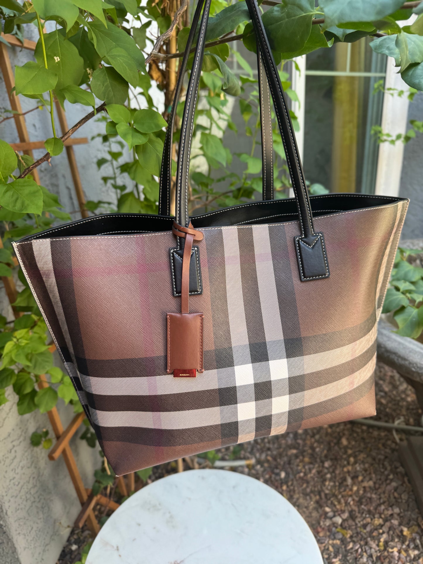 Burberry Dark Birch Brown Check and Leather Medium Tote