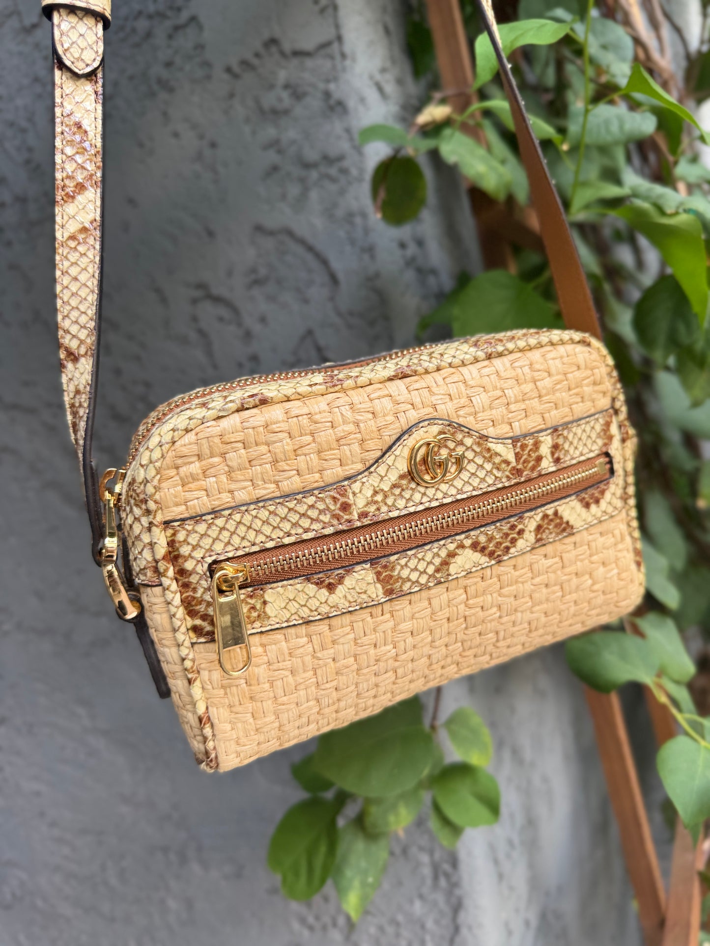 Gucci Ophidia Snakeskin Raffia Mini Crossbody