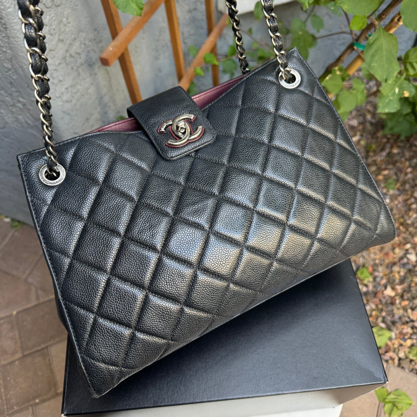Chanel Diamond Quilted Caviar Leather Large Accordion Shopper Tote