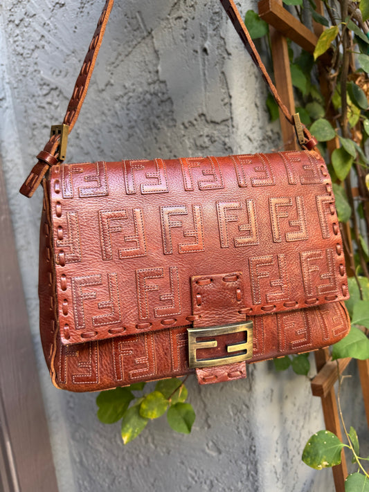 Fendi FF Leather Stitched Monogram Mamma Baguette