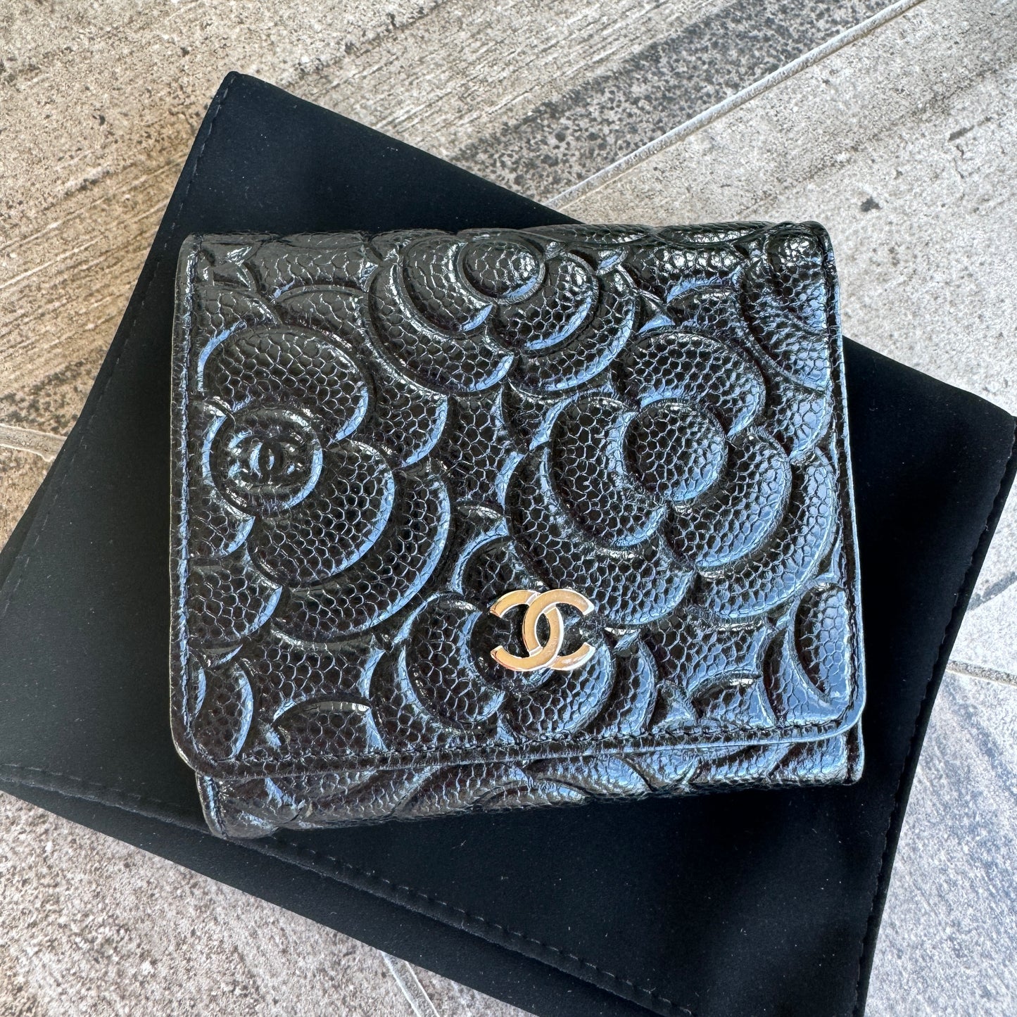 Chanel Camellia Caviar Leather Compact Wallet