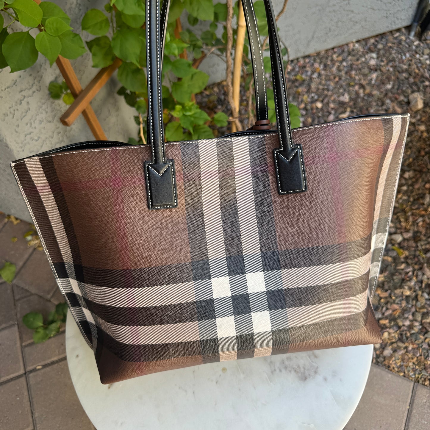 Burberry Dark Birch Brown Check and Leather Medium Tote