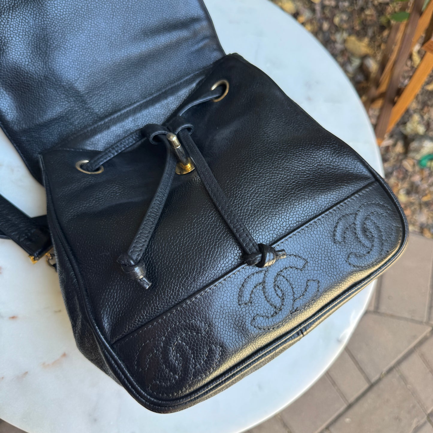 Chanel Vintage Triple Stitched CC Drawstring Flap Caviar Backpack