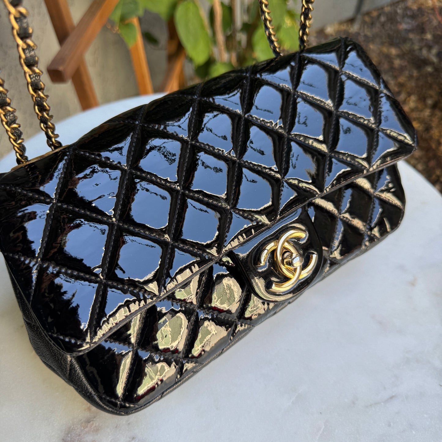 Chanel Quilted Patent Leather Medium Eyelet Single Flap Crossbody