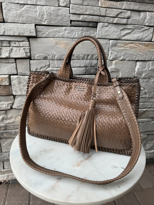 Prada Madras Woven Leather Tote