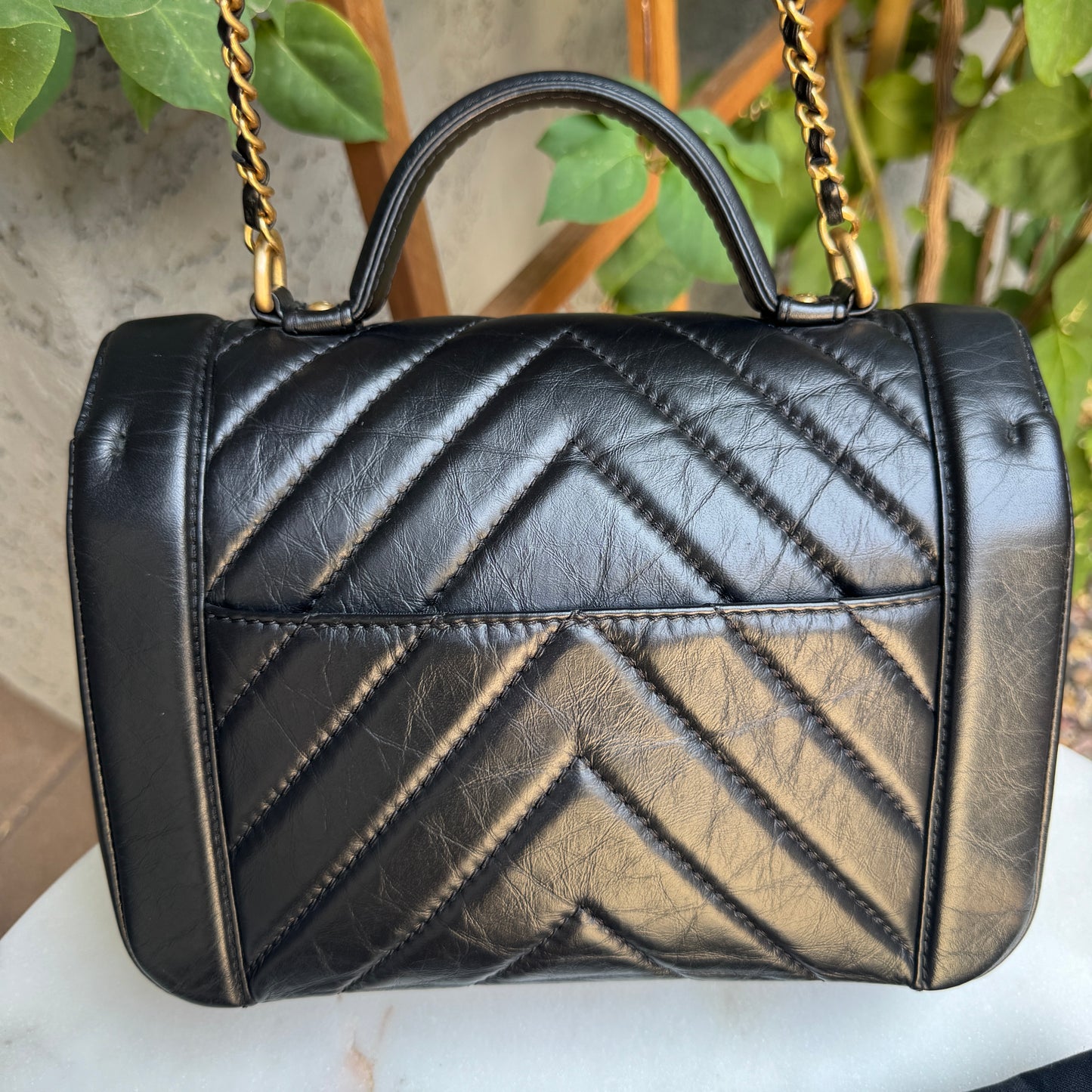 Chanel Calfskin Chevron Quilted Top Handle Flap Crossbody