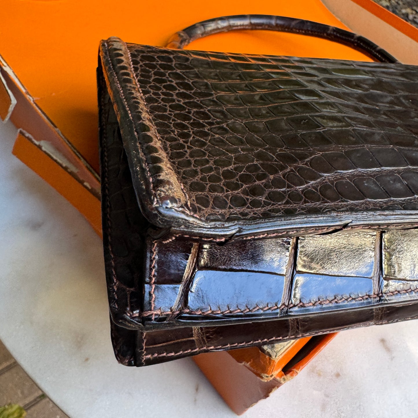 Hermès Vintage Shiny Crocodile Sac Chaine d'Ancre Top Handle Accordion Bag