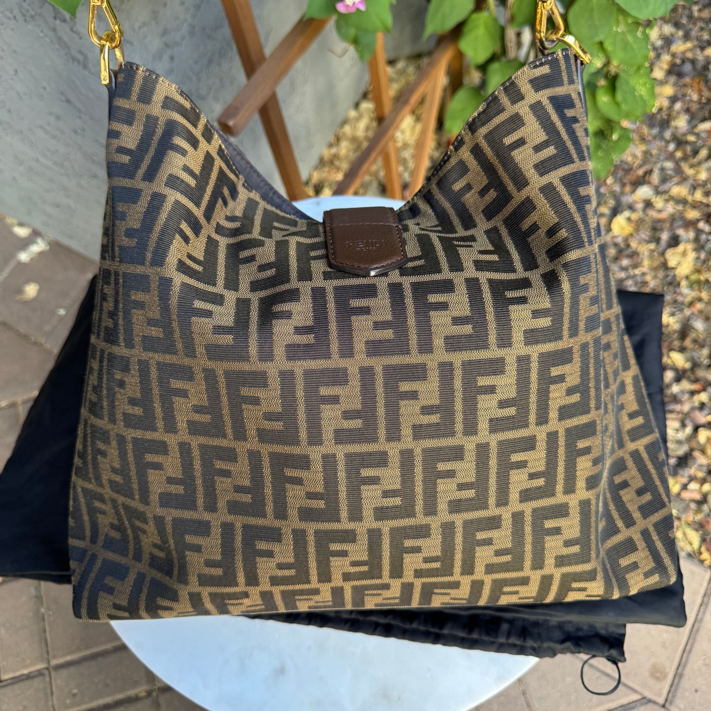 Fendi Turnlock Zucca Canvas Hobo Shoulder Bag