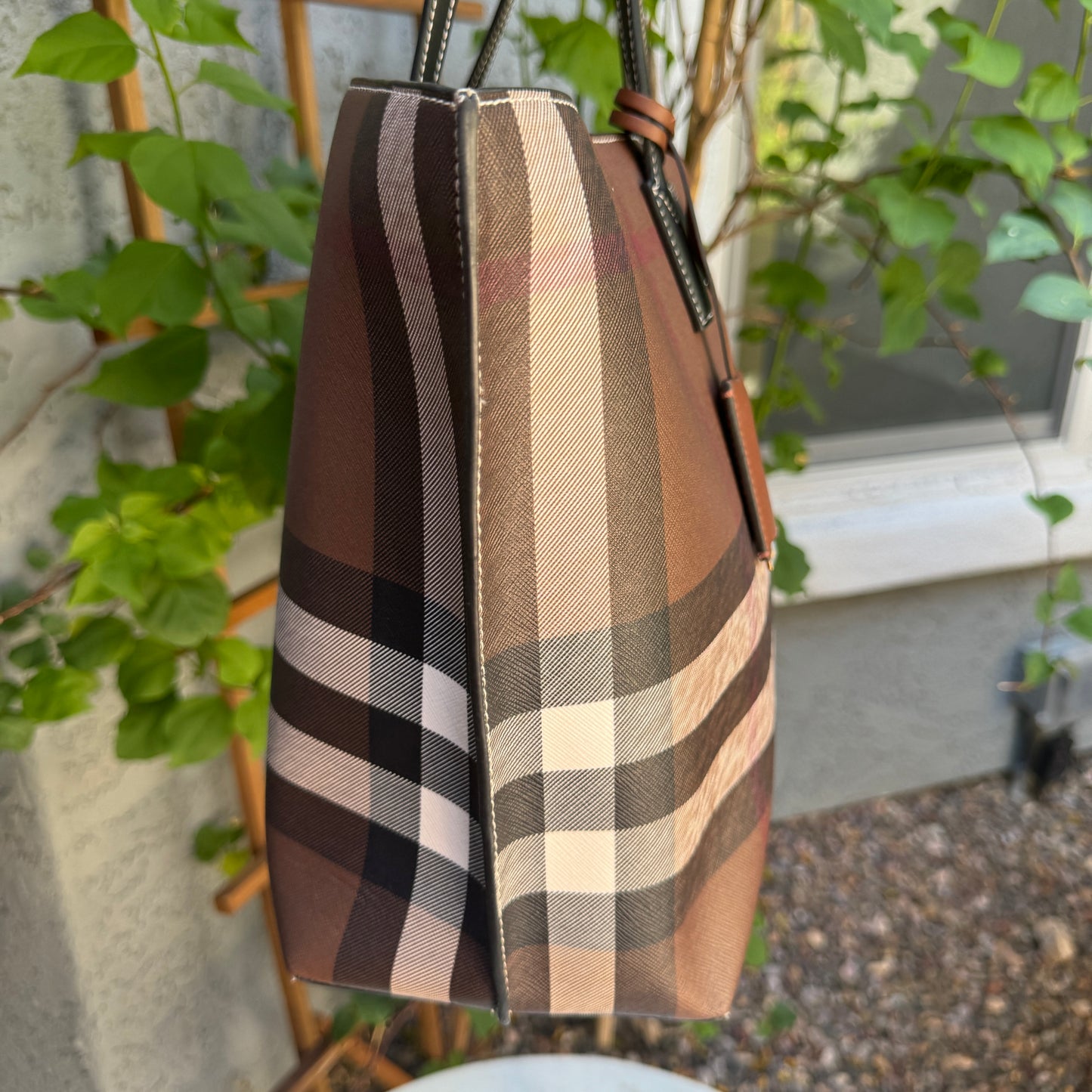 Burberry Dark Birch Brown Check and Leather Medium Tote