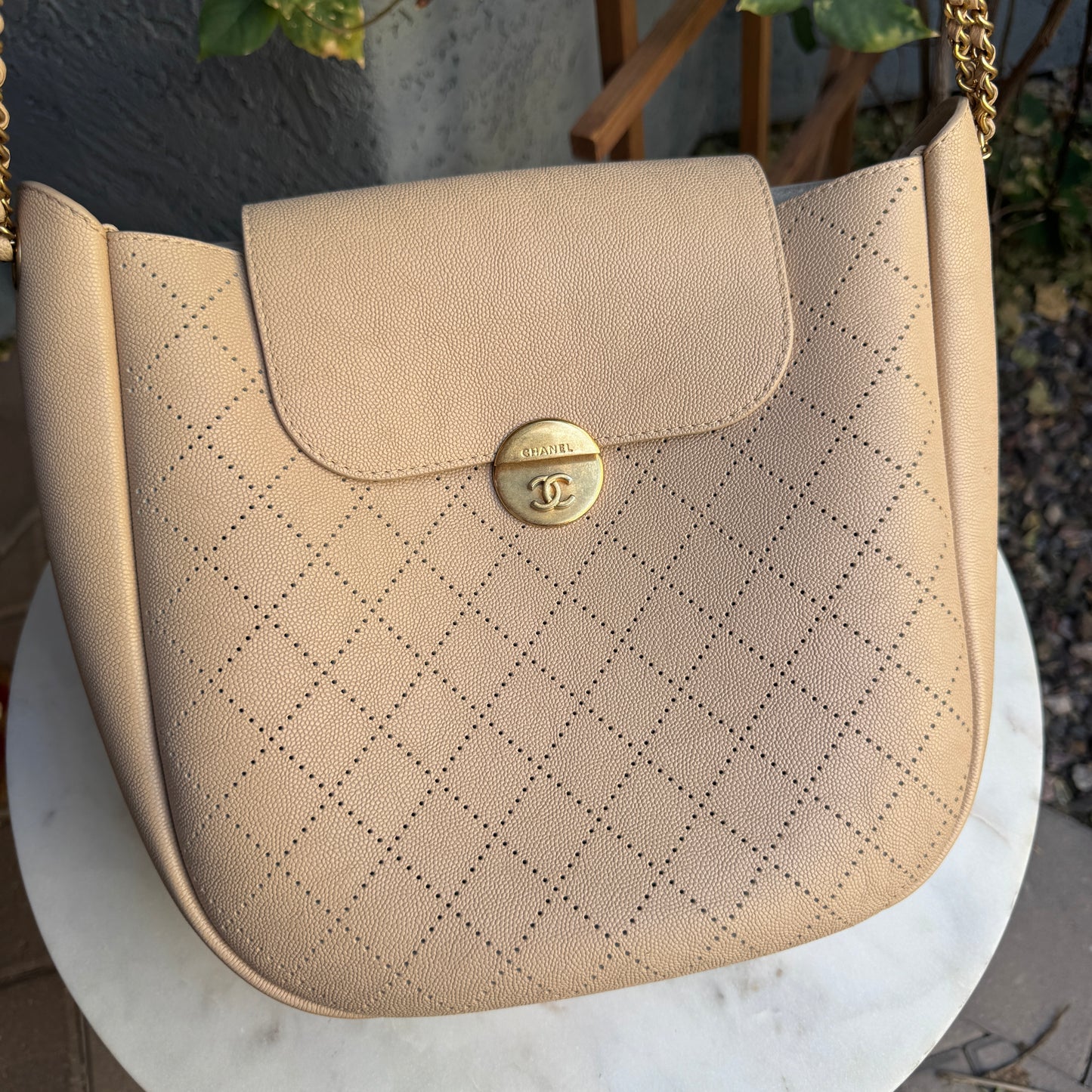 Chanel Moon Lock Perforated Diamond Caviar Leather Hobo