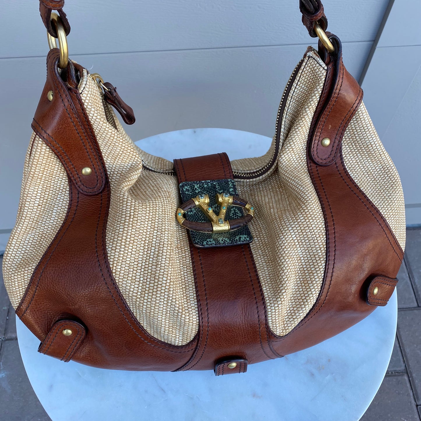 Valentino Garavani Leather and Raffia Shoulder Bag