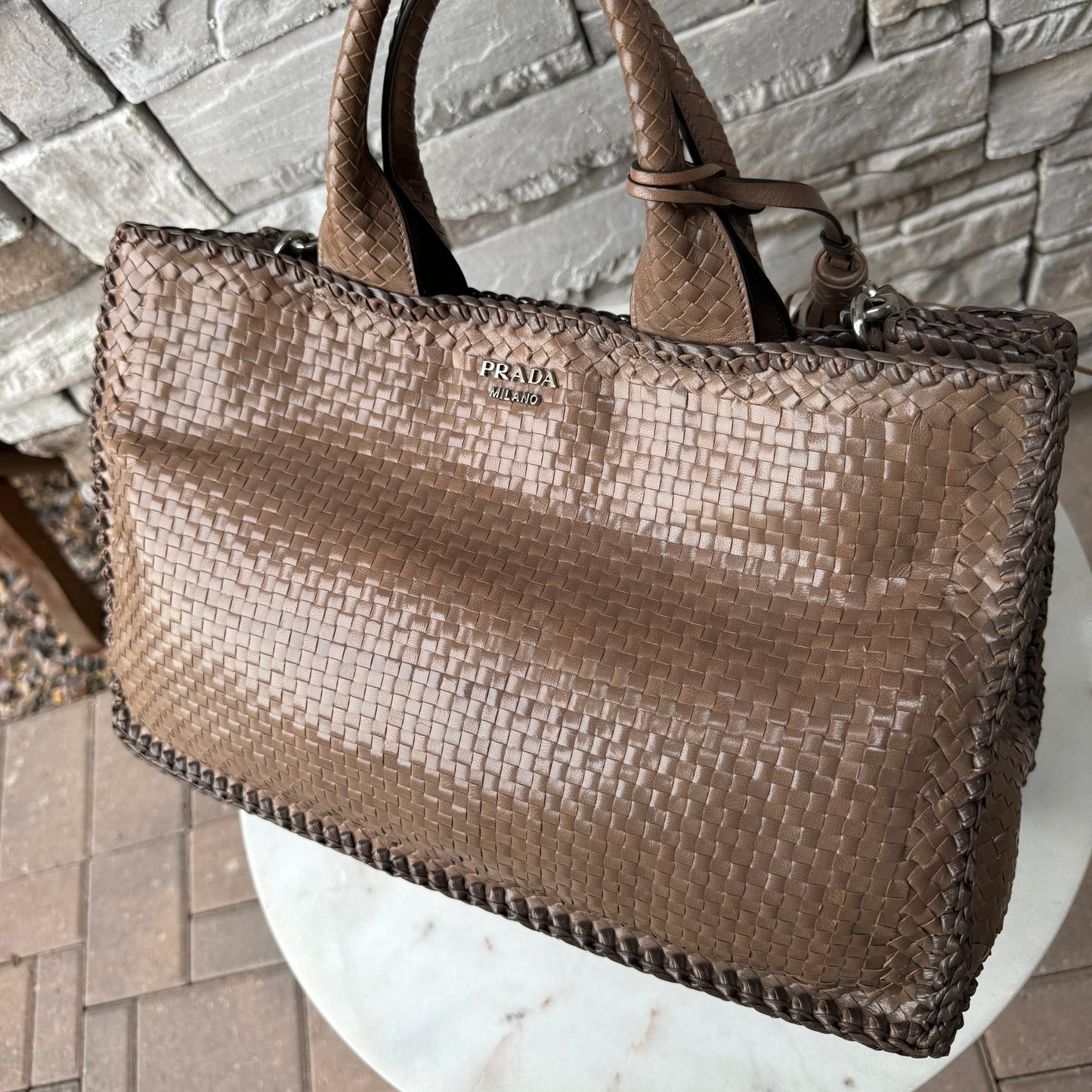 Prada Madras Woven Leather Tote