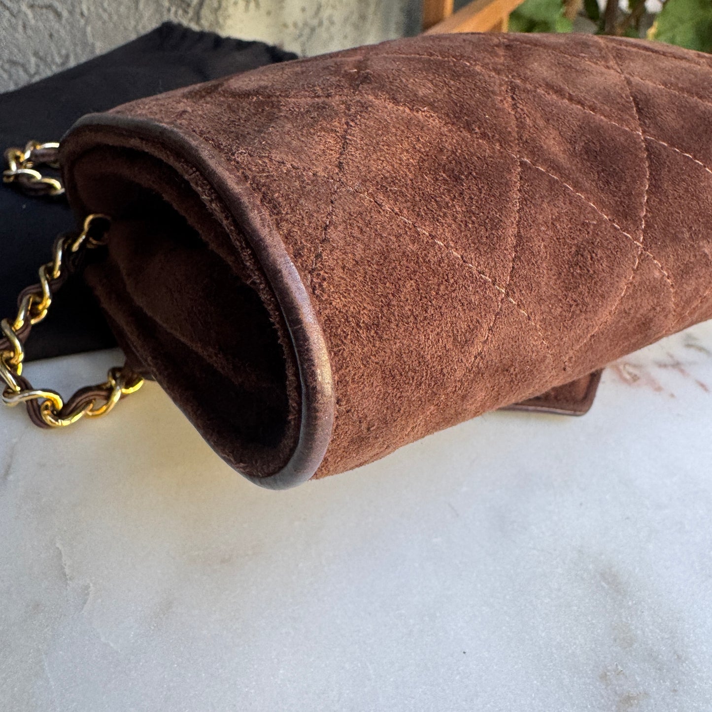 Chanel Vintage Quilted Suede Leather Charm Button Shoulder Bag