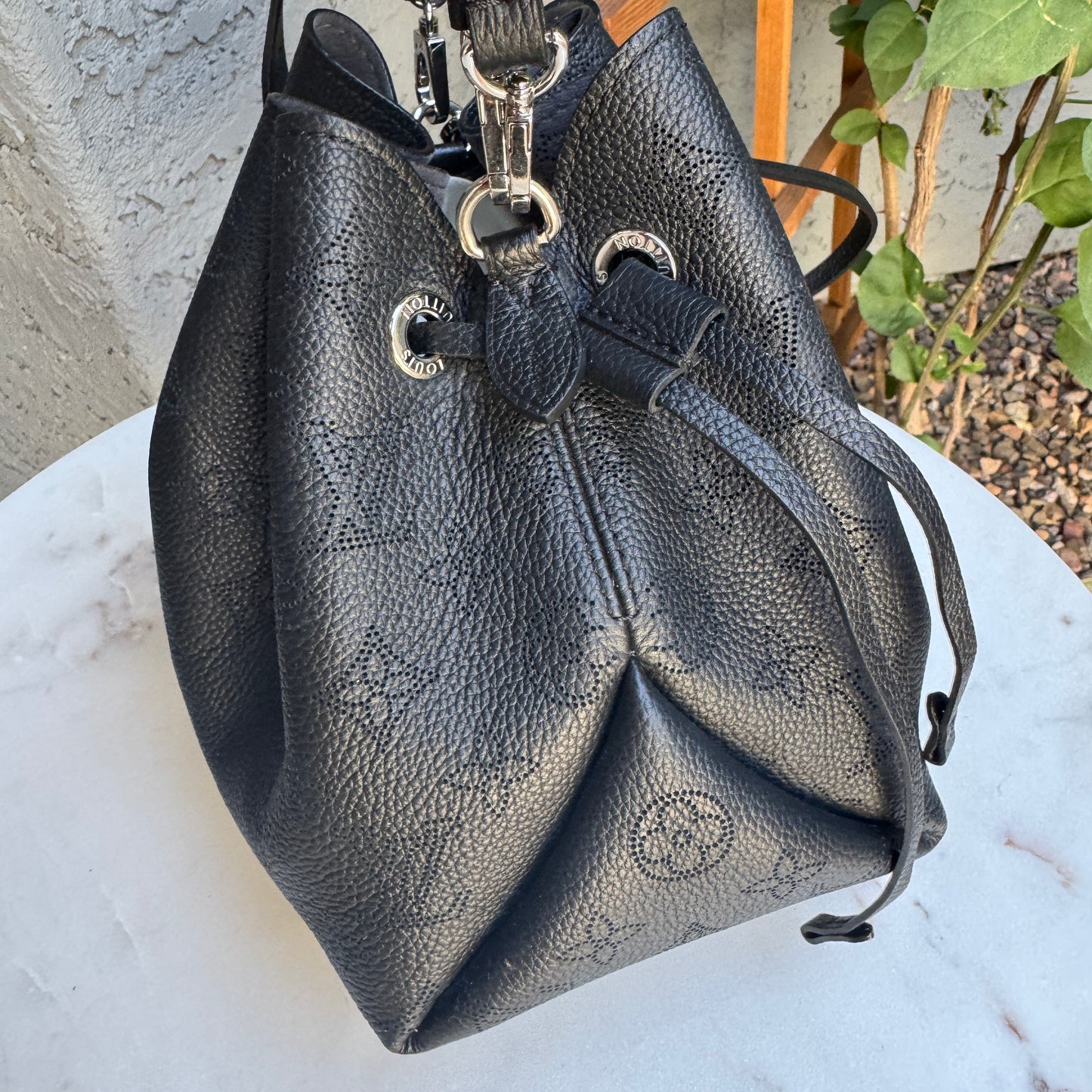 Louis Vuitton Mahina Leather Bella Drawstring Bucket Bag with Coin Pouch