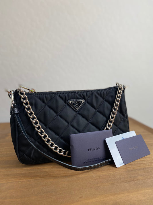 Prada Nylon Quilted Convertible Pochette Chain Crossbody