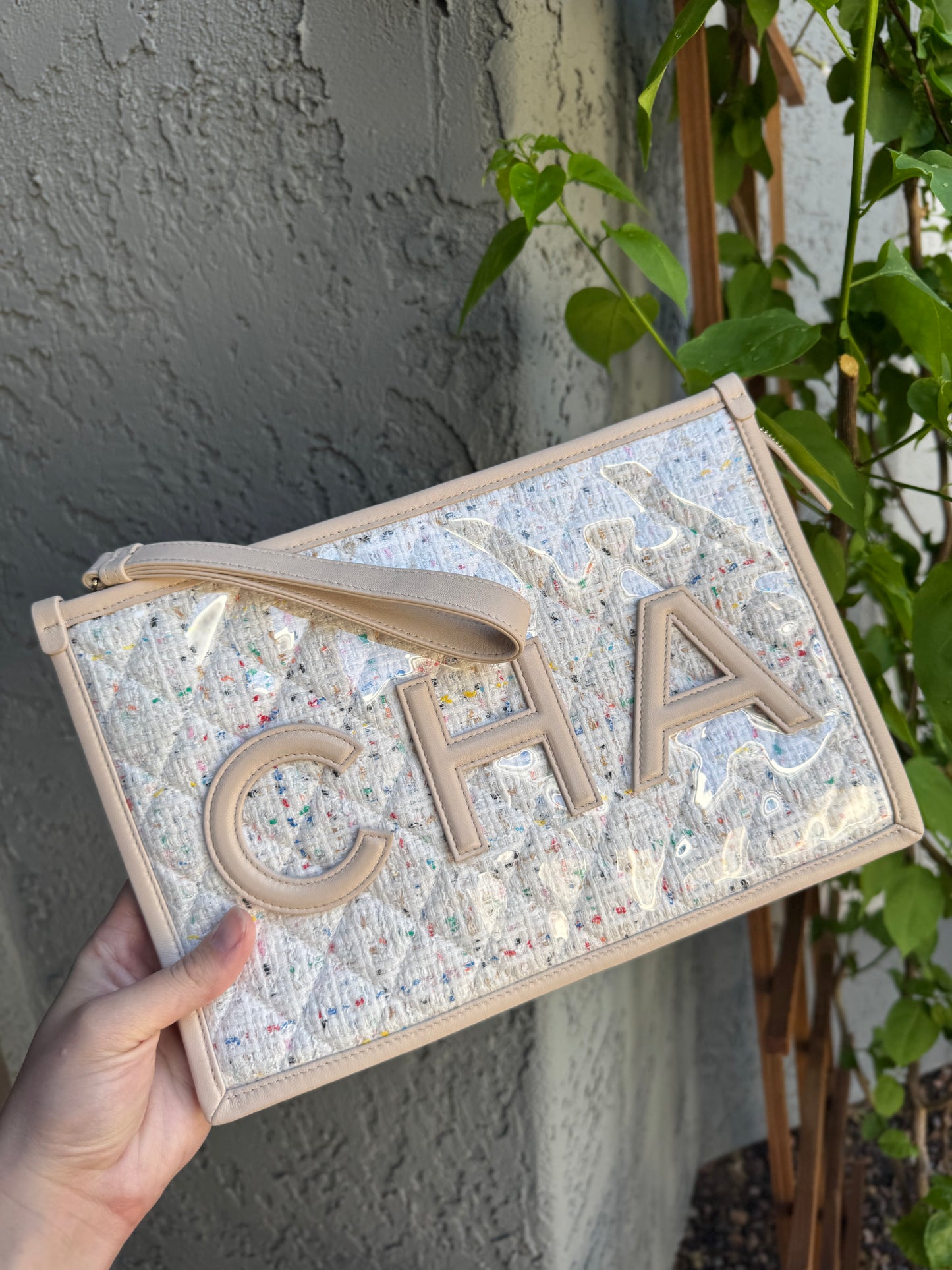 Chanel Tweed PVC Large Wristlet Clutch