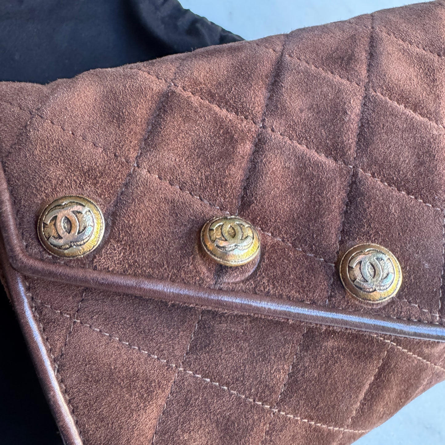 Chanel Vintage Quilted Suede Leather Charm Button Shoulder Bag