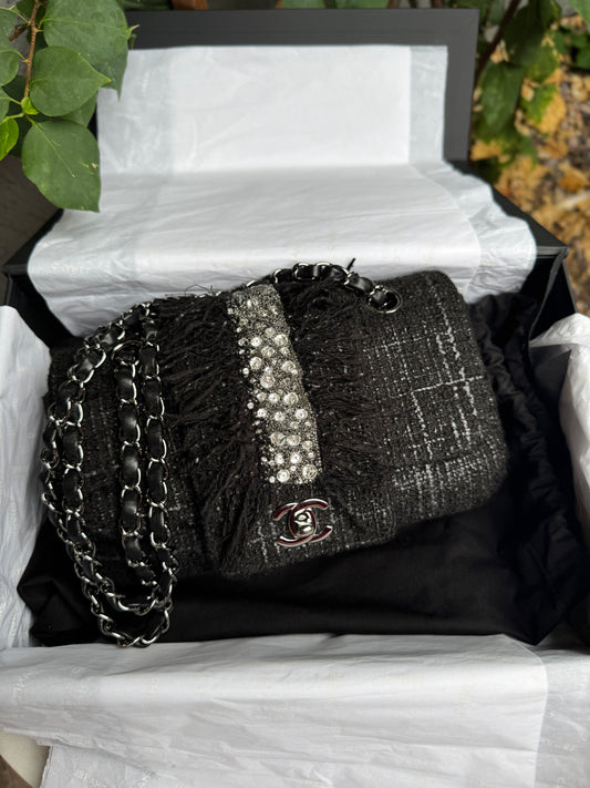 Chanel Tweed and Swarovski Crystal Fringe Flap Single Flap Shoulder Bag