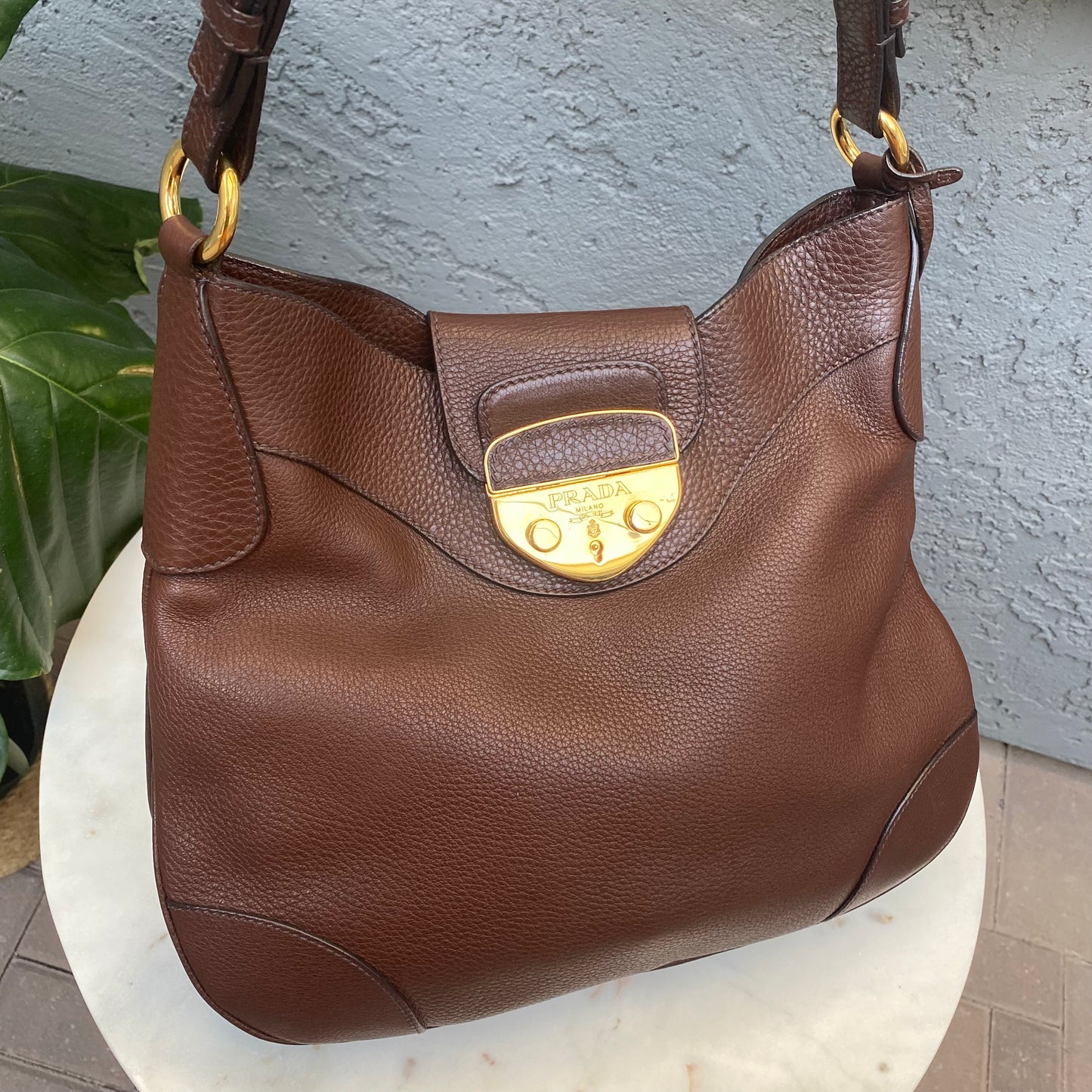 Prada Pushlock Hobo Vitello Daino Shoulder Bag