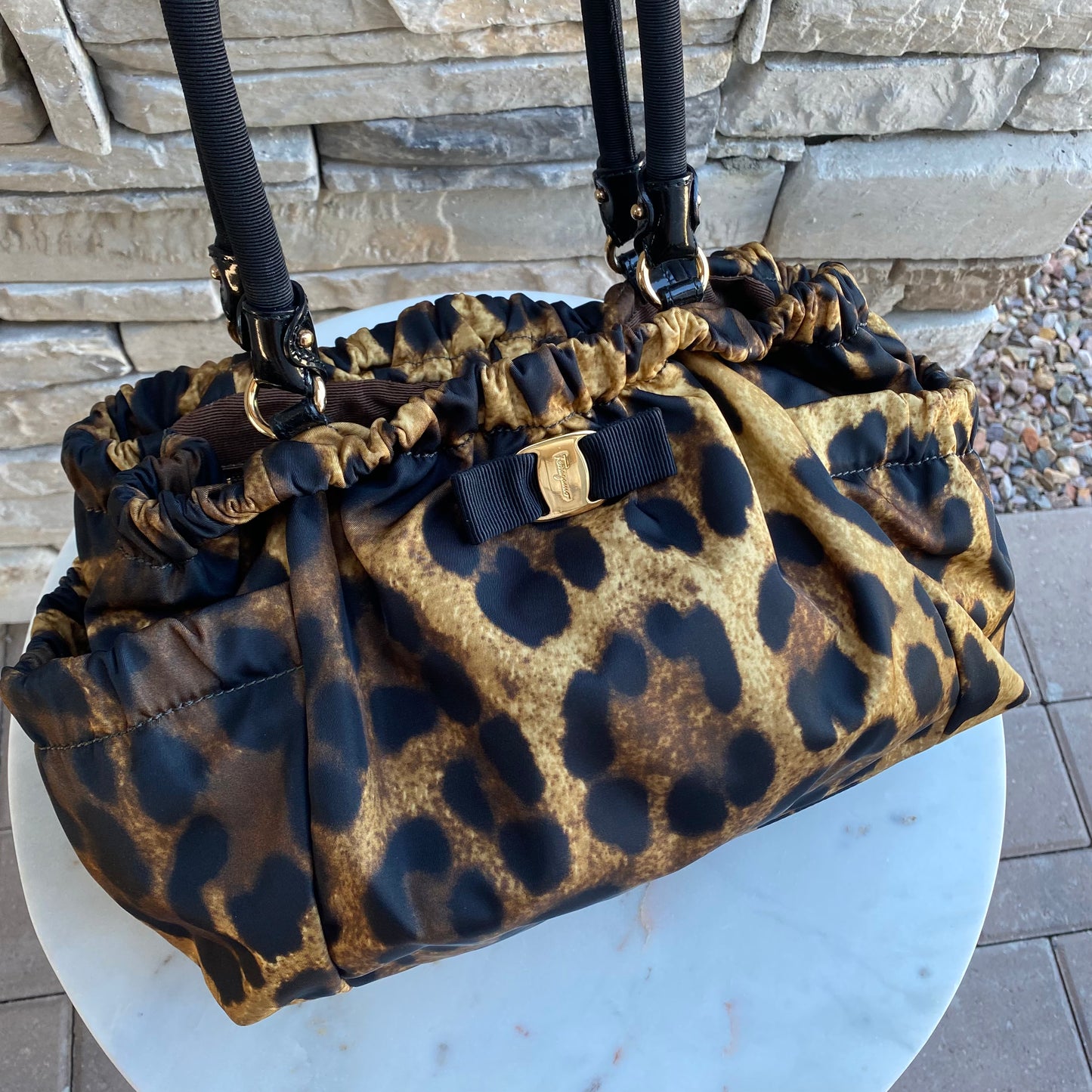 Salvatore Ferragamo Nylon Grosgrain Trim Vara Bow Leopard Shoulder Bag