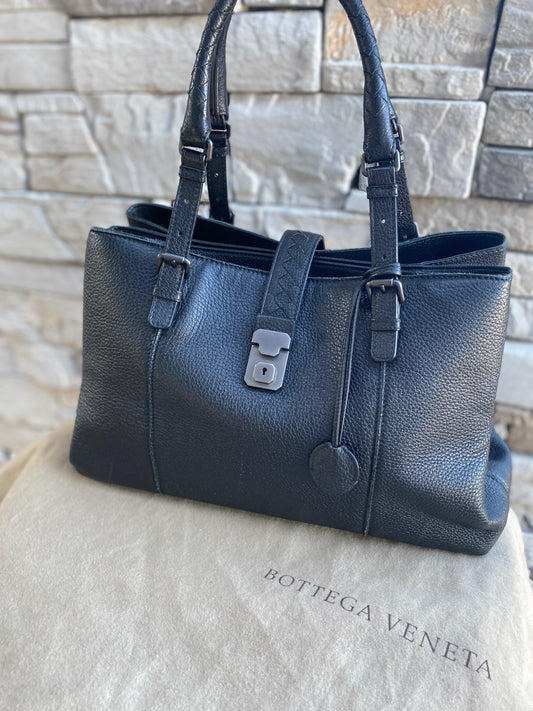 Bottega Veneta Roma Triple-Compartment Pebbled Leather Intrecciato Tote Bag