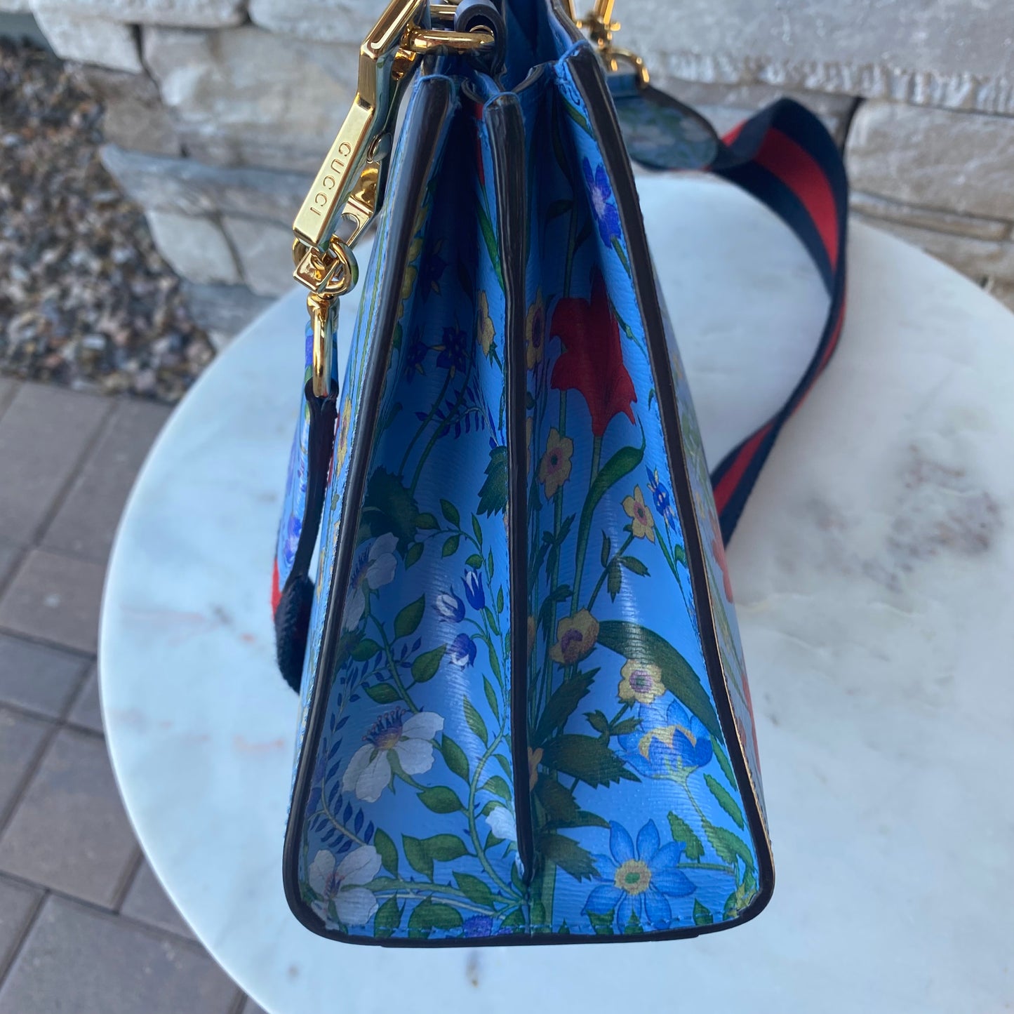 Gucci Nymphaea Top Handle Bag Floral Printed Leather Shoulder Bag