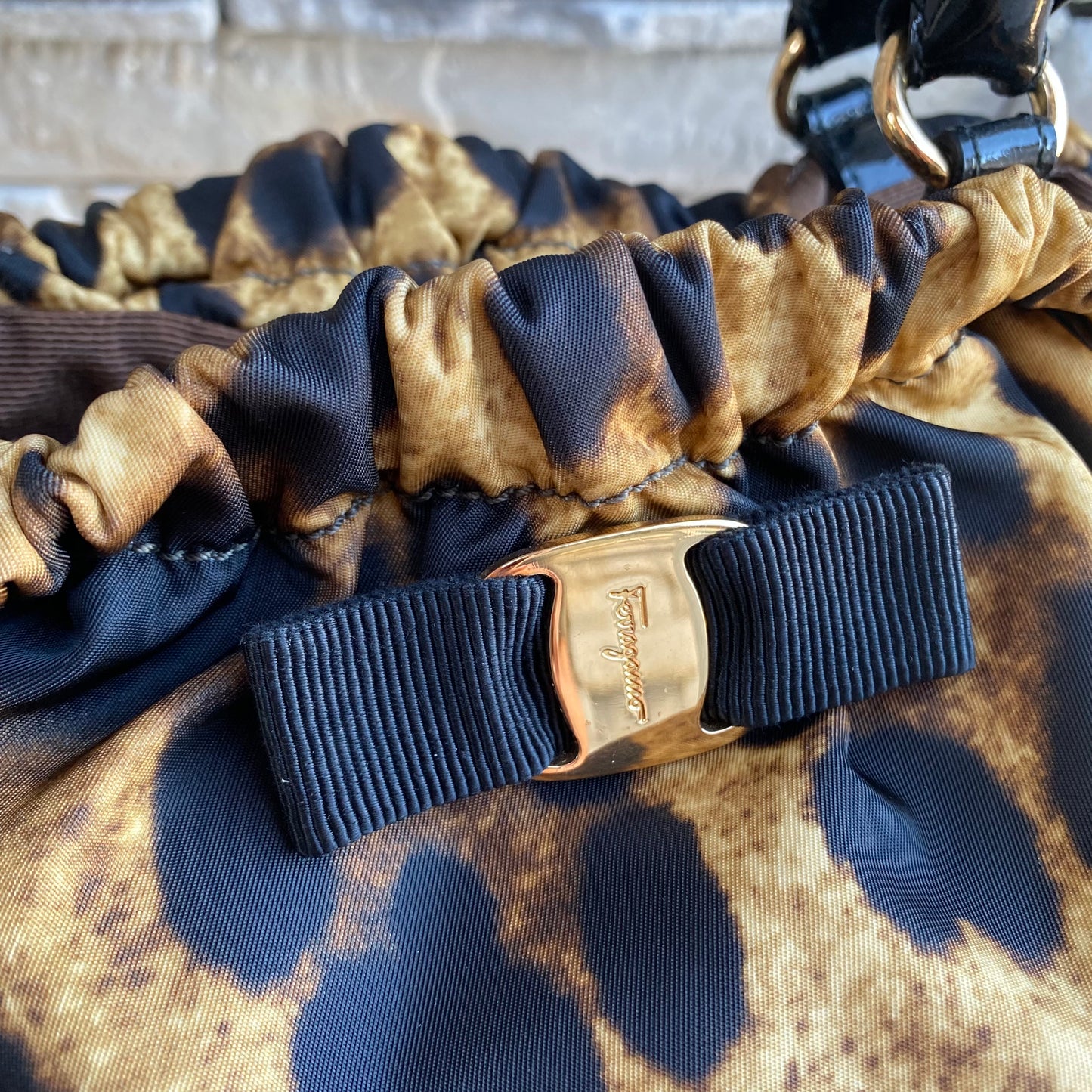 Salvatore Ferragamo Nylon Grosgrain Trim Vara Bow Leopard Shoulder Bag