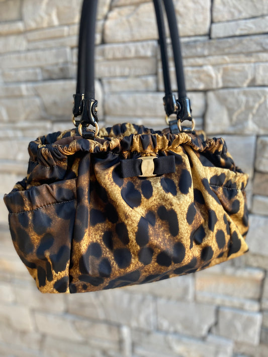 Salvatore Ferragamo Nylon Grosgrain Trim Vara Bow Leopard Shoulder Bag