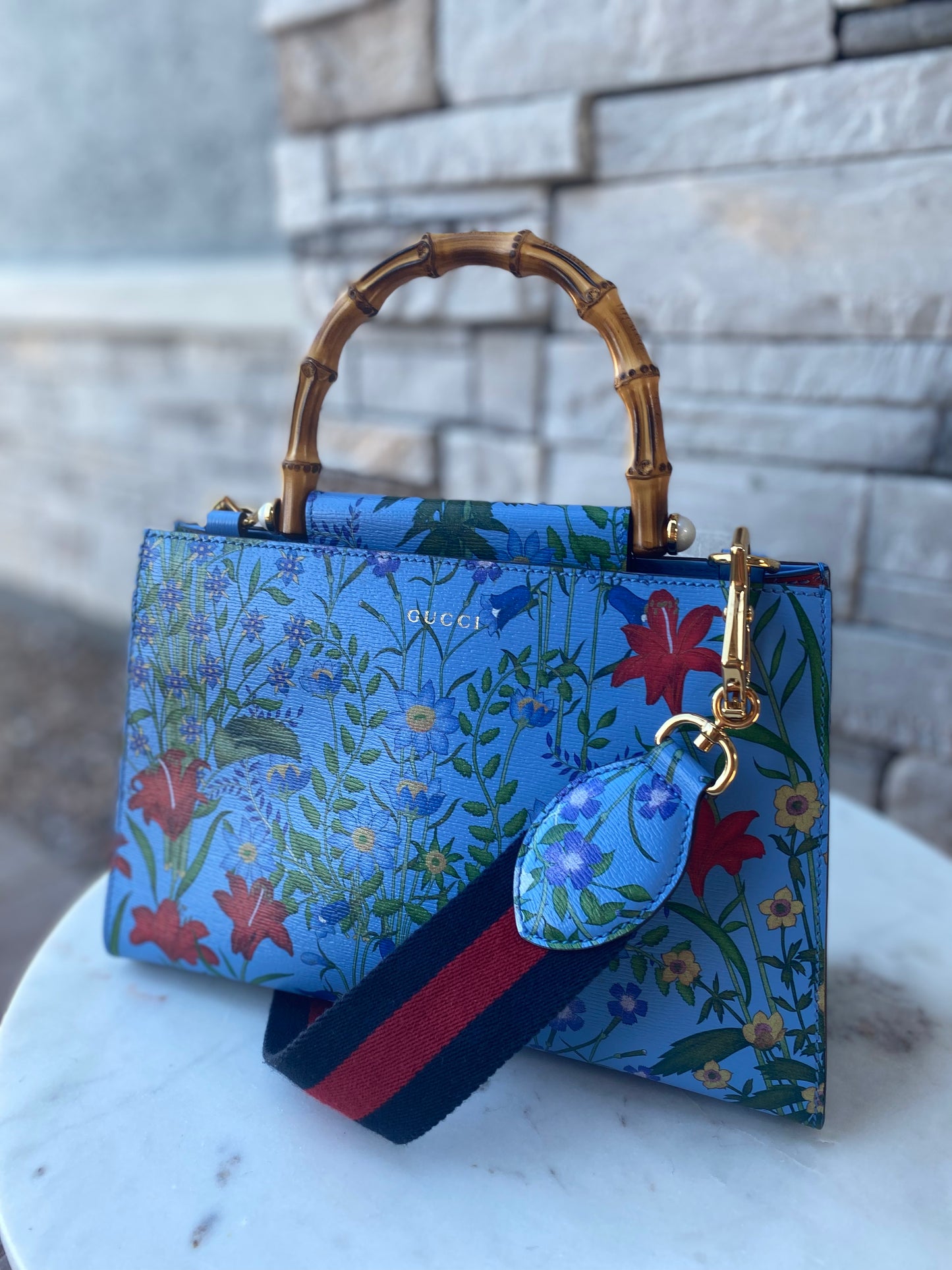 Gucci Nymphaea Top Handle Bag Floral Printed Leather Shoulder Bag