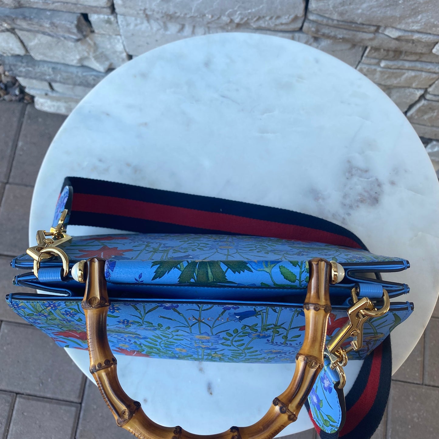 Gucci Nymphaea Top Handle Bag Floral Printed Leather Shoulder Bag