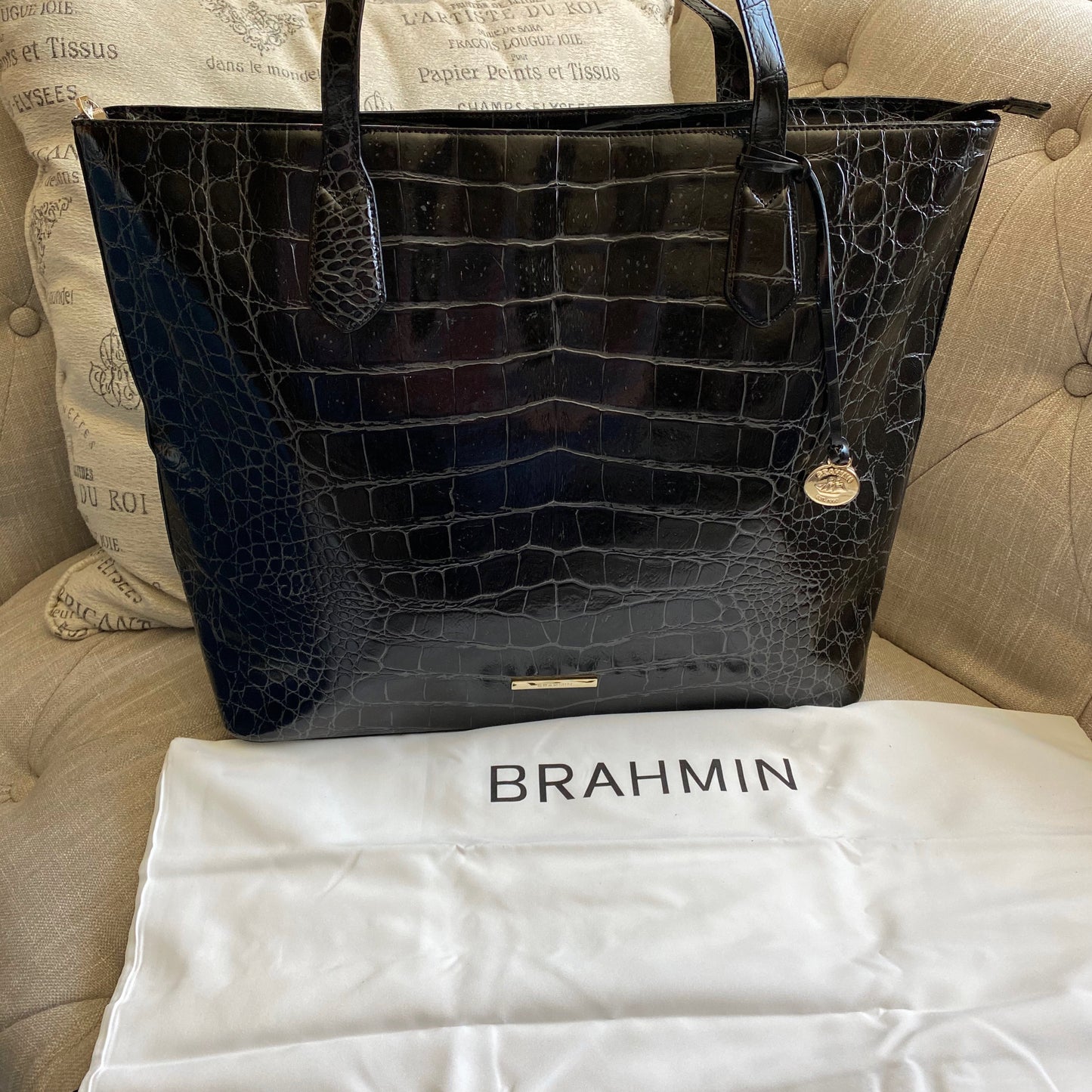 Brahmin Misha Black Veil Embossed Leather Tote