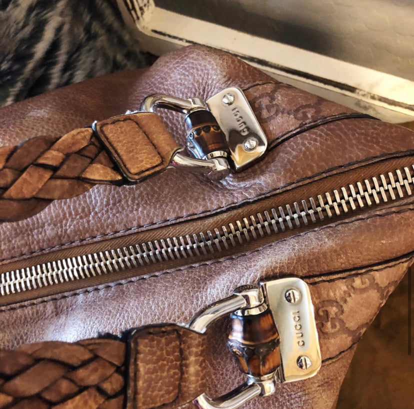Gucci XL Braided Leather Bamboo Bar Tote