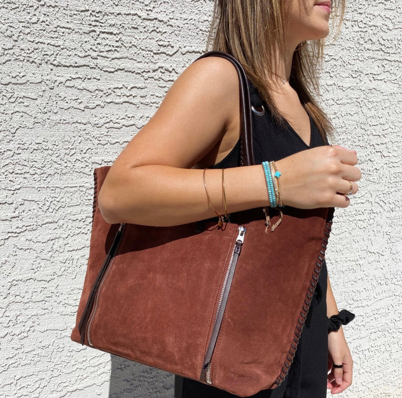 All Saints Fleur De Lis Suede Leather Tote