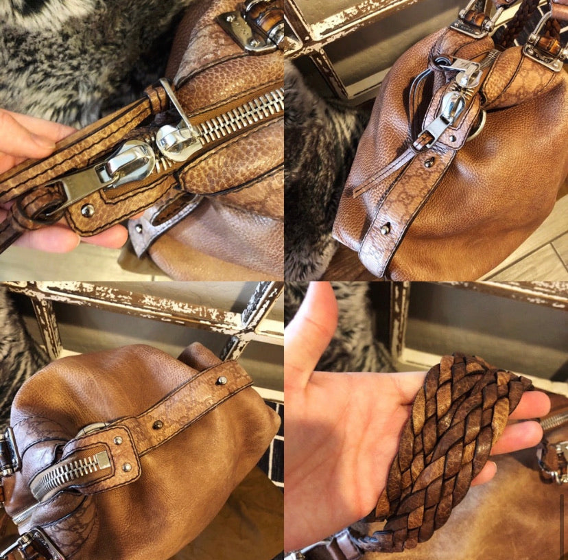 Gucci XL Braided Leather Bamboo Bar Tote
