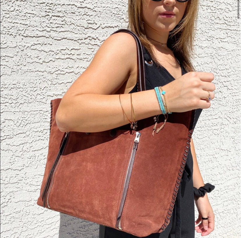 All Saints Fleur De Lis Suede Leather Tote