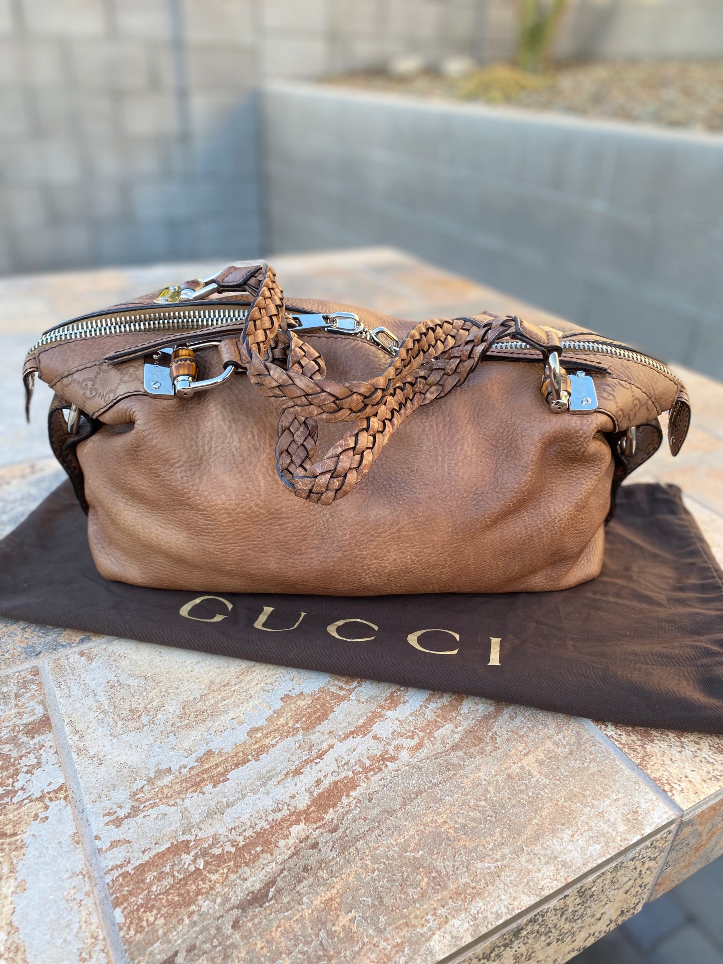 Gucci Braided Leather Large Bamboo Bar Tote Bag